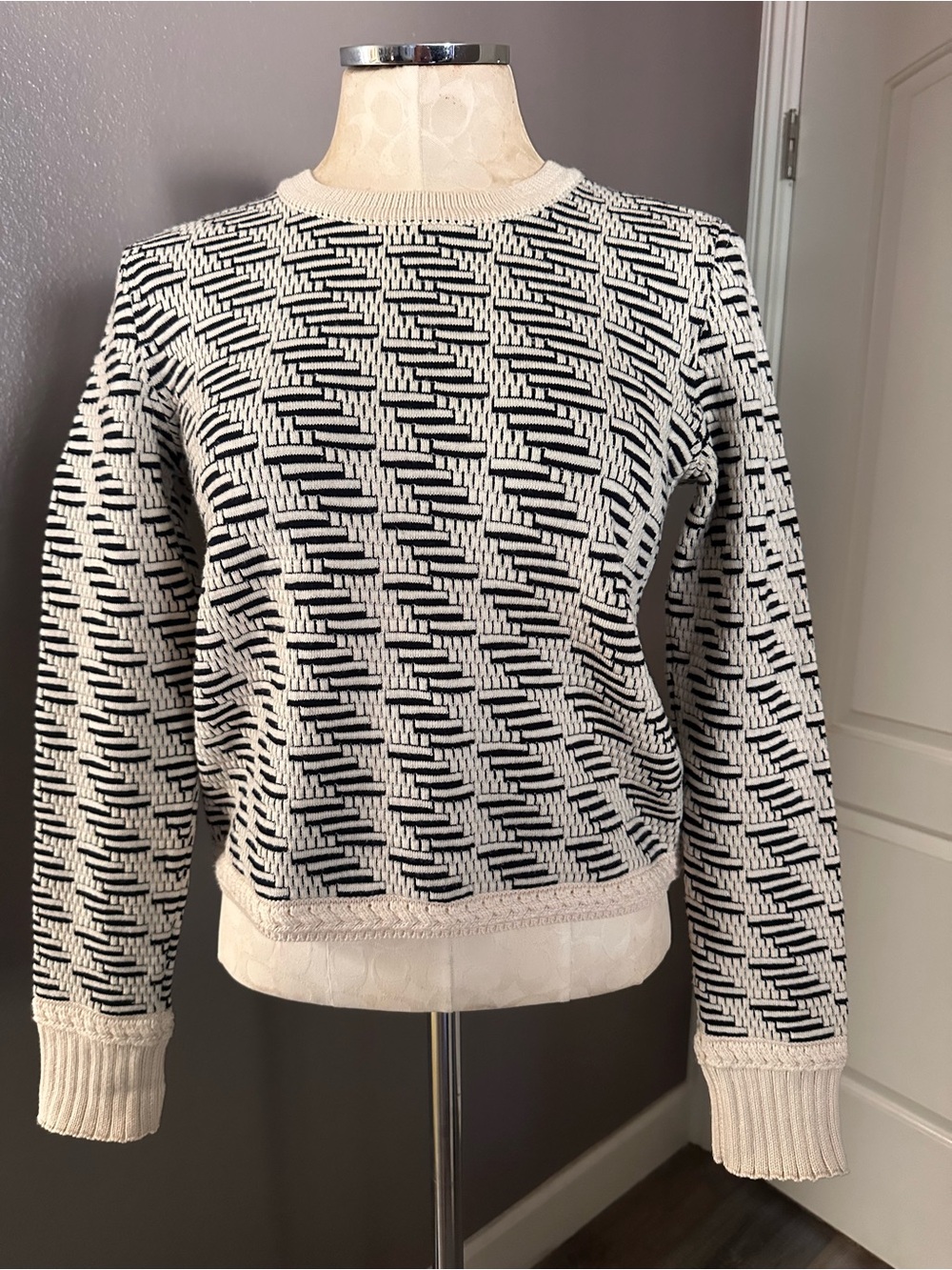 Tory Burch Black and Cream Geometric Crewneck Sweater